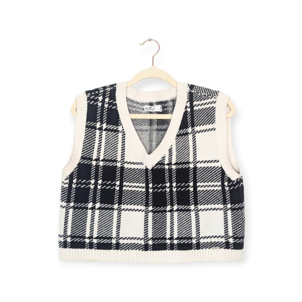 Hollister Black & White Plaid Cropped Sleeveless Sweater Preppy Vest Size M